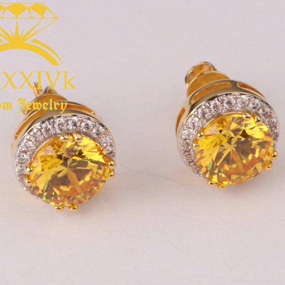 Iced Out Custom Studded Yellow Gem Stone Earrings - Picture 1 of 4